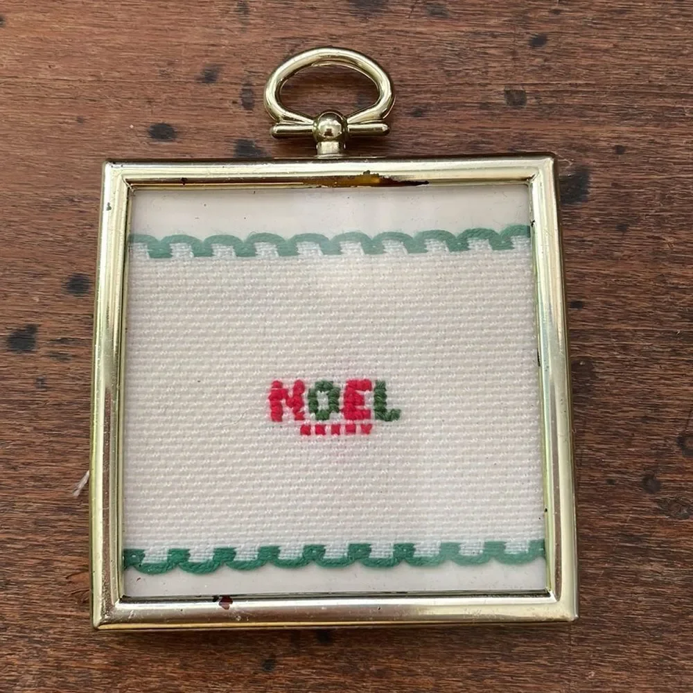 Vtg collection of‎ 6 handmade/homemade cross-stitch square gold frame ornaments